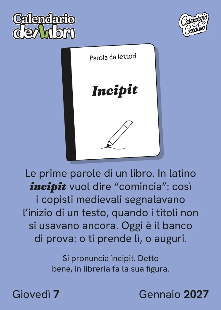 Foglio di giovedì 7 gennaio 2027 del Calendario dei Libri 2027: Incipit