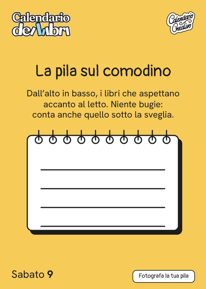 Foglio di sabato 9 gennaio 2027 del Calendario dei Libri 2027: La pila sul comodino