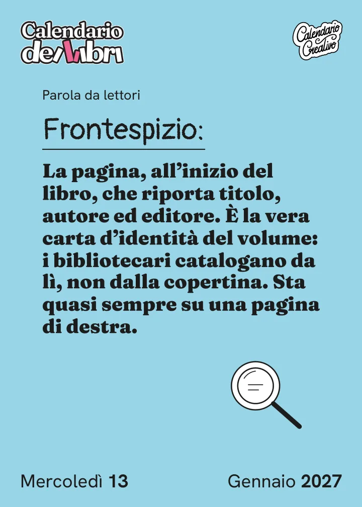 Foglio di mercoledì 13 gennaio 2027 del Calendario dei Libri 2027: Frontespizio