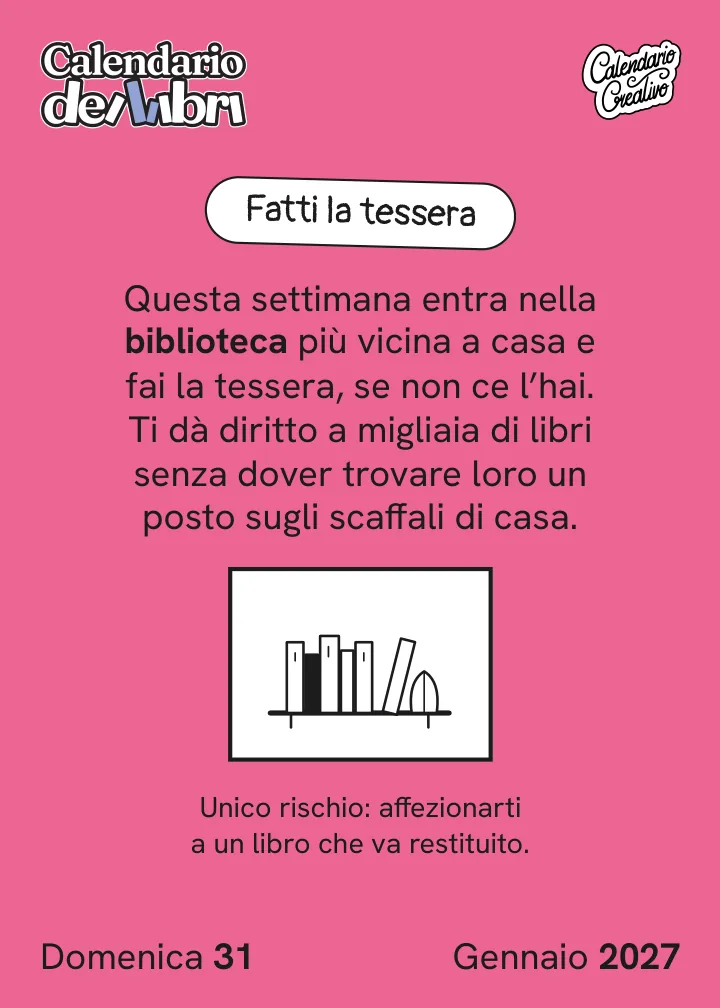 Foglio di domenica 31 gennaio 2027 del Calendario dei Libri 2027: Fatti la tessera