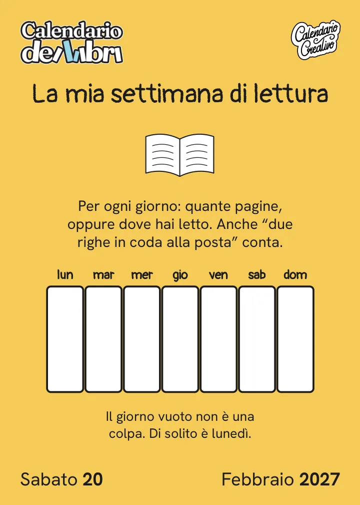 Foglio di sabato 20 febbraio 2027 del Calendario dei Libri 2027: La mia settimana di lettura