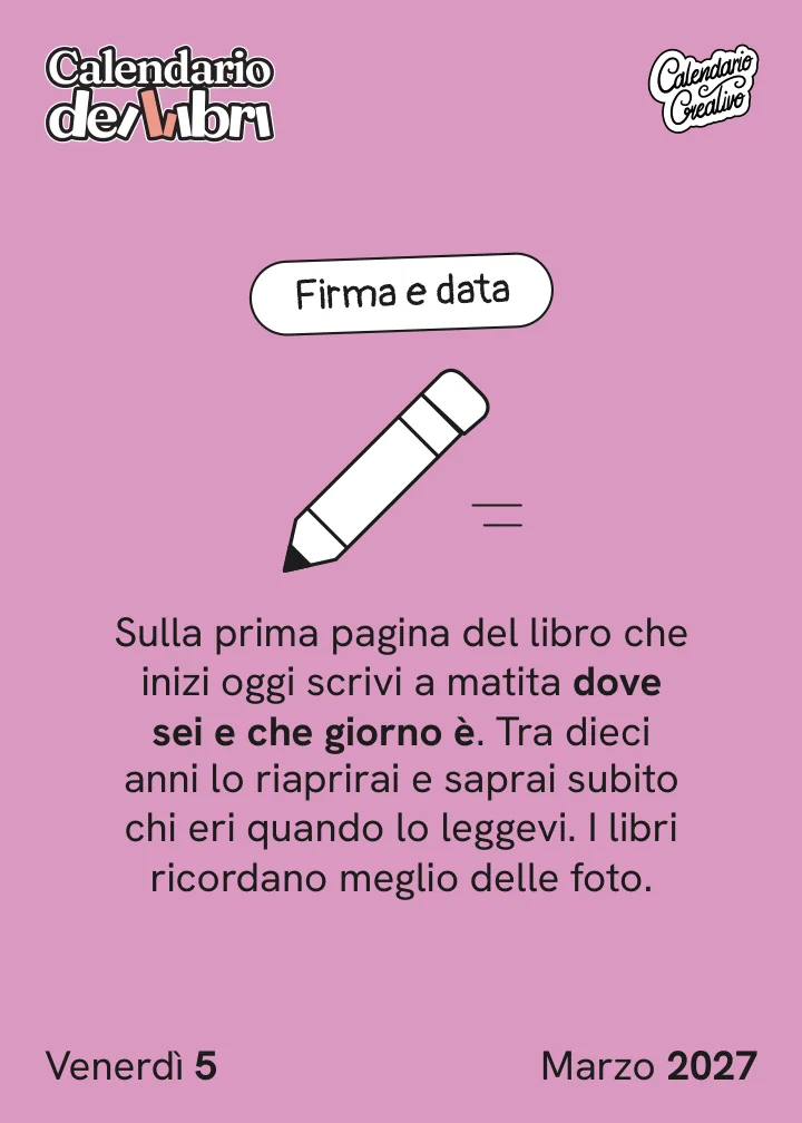 Foglio di venerdì 5 marzo 2027 del Calendario dei Libri 2027: Firma e data