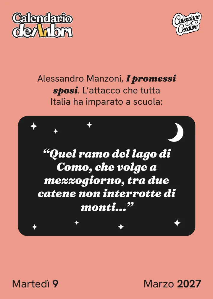 Foglio di martedì 9 marzo 2027 del Calendario dei Libri 2027: Quel ramo del lago di Como, che volge a mezzogiorno, tra due catene no