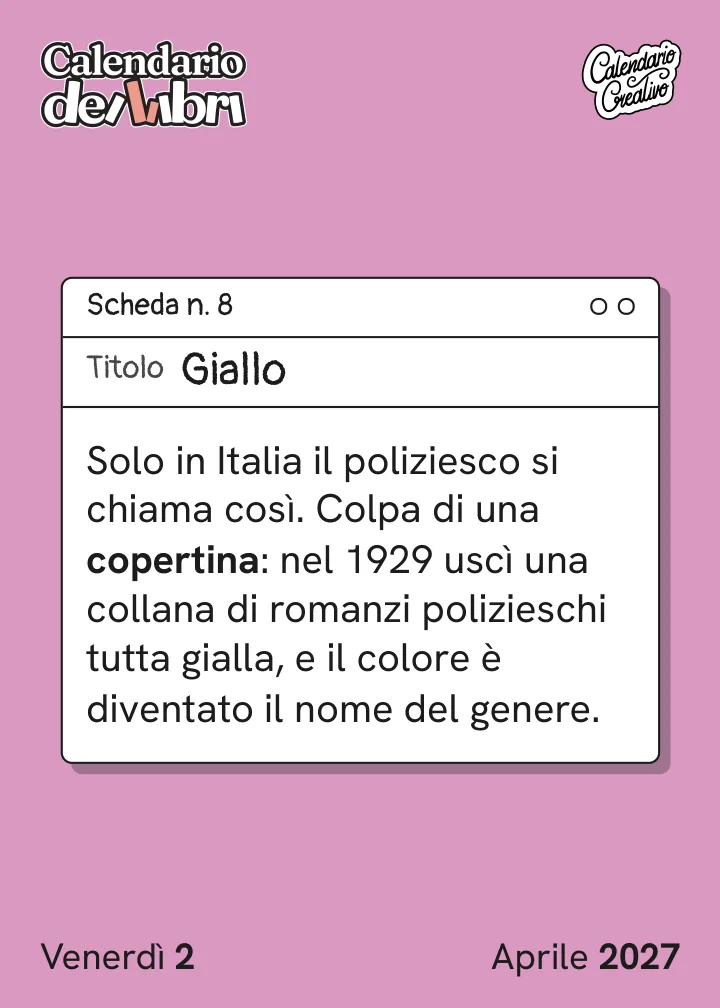 Foglio di venerdì 2 aprile 2027 del Calendario dei Libri 2027: Giallo