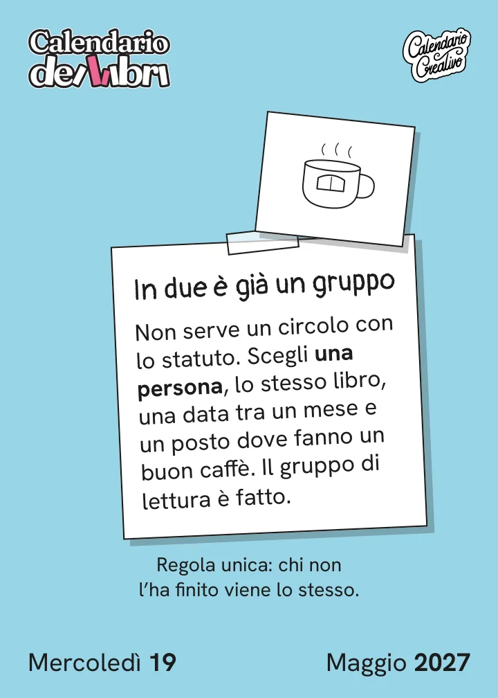 Foglio di mercoledì 19 maggio 2027 del Calendario dei Libri 2027: In due è già un gruppo