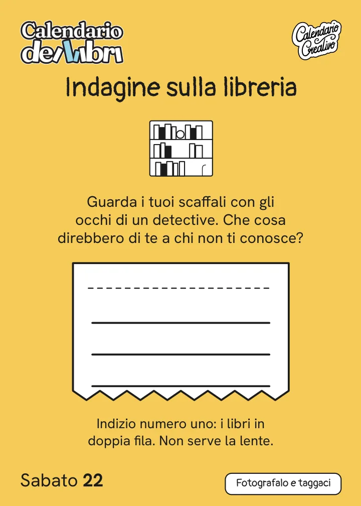 Foglio di sabato 22 maggio 2027 del Calendario dei Libri 2027: Indagine sulla libreria