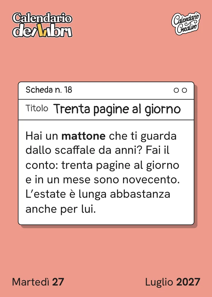 Foglio di martedì 27 luglio 2027 del Calendario dei Libri 2027: Trenta pagine al giorno