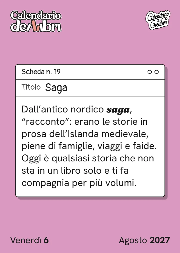Foglio di venerdì 6 agosto 2027 del Calendario dei Libri 2027: Saga