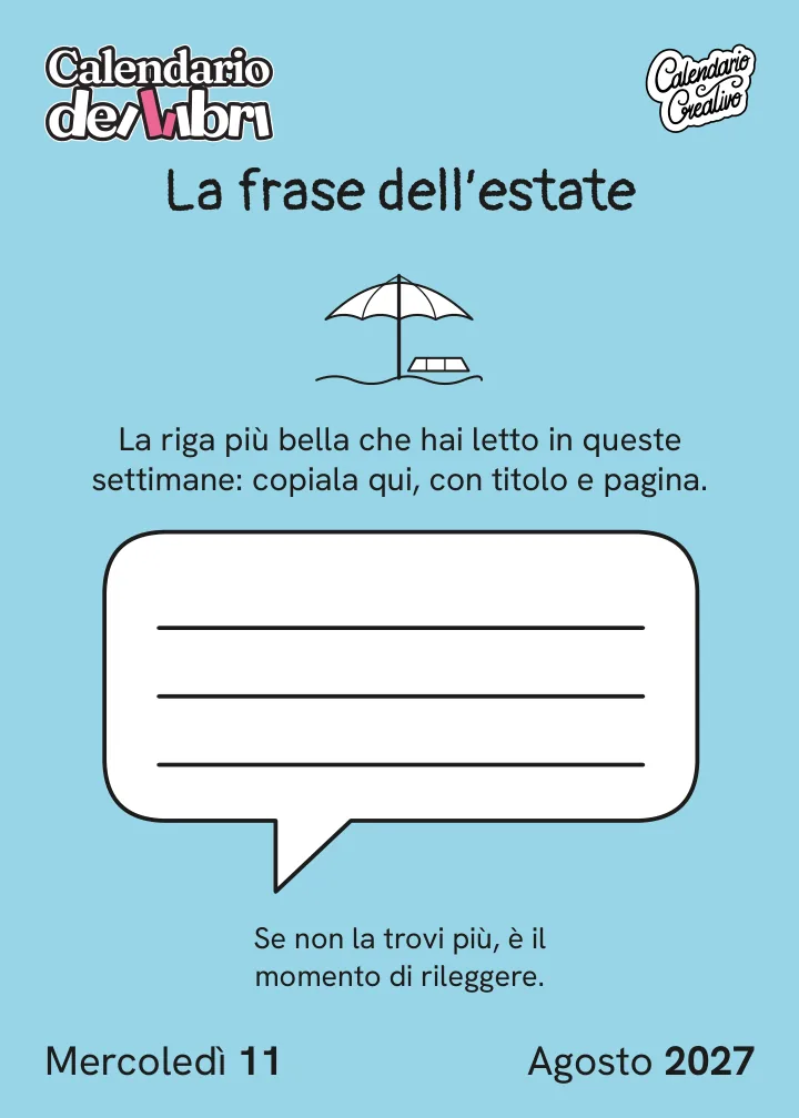 Foglio di mercoledì 11 agosto 2027 del Calendario dei Libri 2027: La frase dell'estate