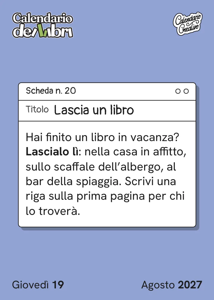 Foglio di giovedì 19 agosto 2027 del Calendario dei Libri 2027: Lascia un libro