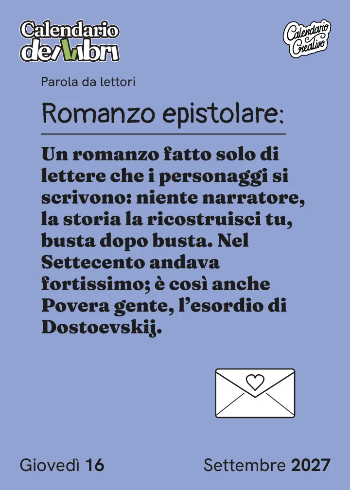 Foglio di giovedì 16 settembre 2027 del Calendario dei Libri 2027: Romanzo epistolare