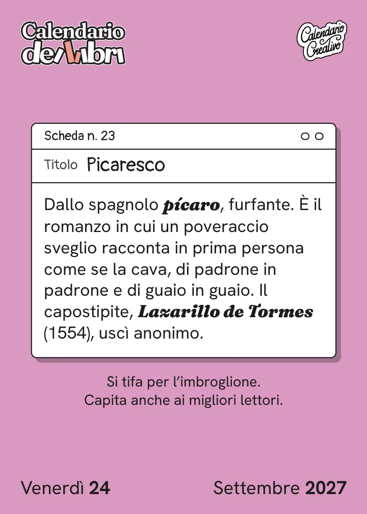 Foglio di venerdì 24 settembre 2027 del Calendario dei Libri 2027: Picaresco