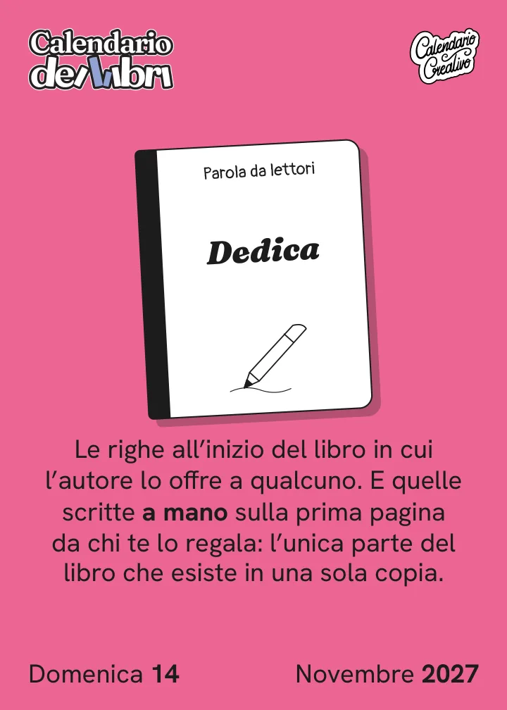 Foglio di domenica 14 novembre 2027 del Calendario dei Libri 2027: Dedica