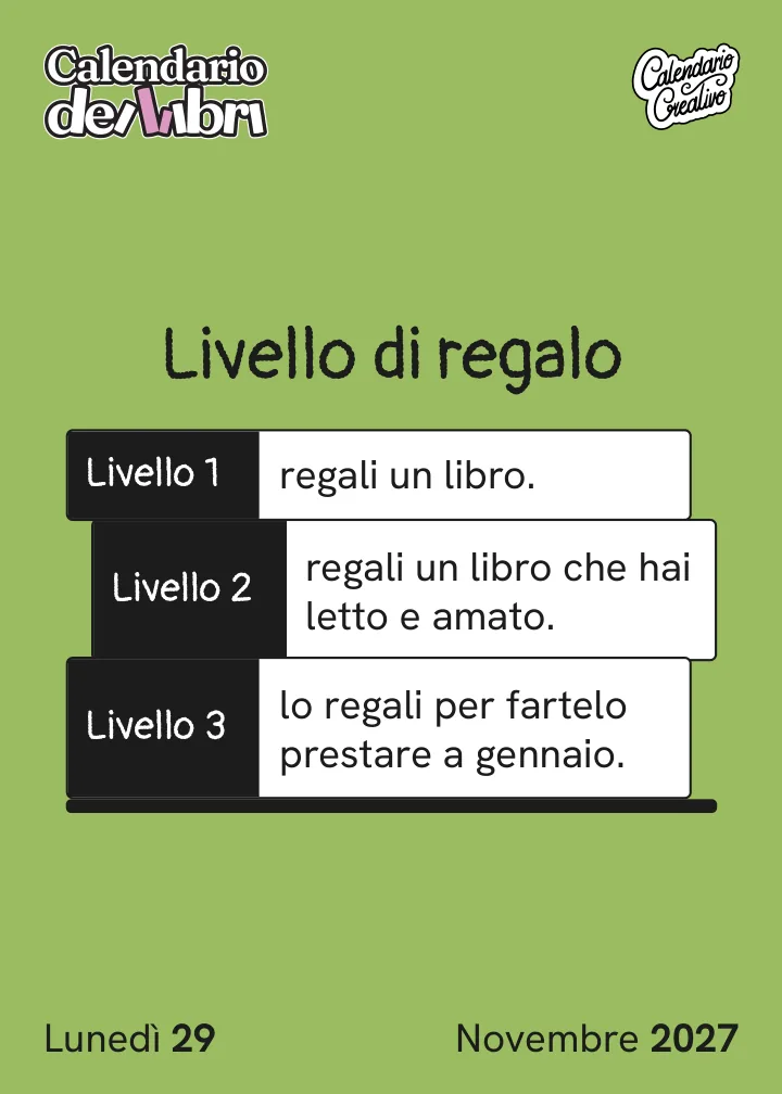 Foglio di lunedì 29 novembre 2027 del Calendario dei Libri 2027: Livello di regalo